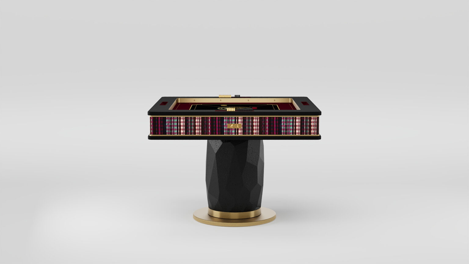 This handcrafted rectangular gaming table exudes luxury with its black and gold finish, faceted black pedestal base, central roulette wheel, and decorative red, black, and gold accents on the sides.