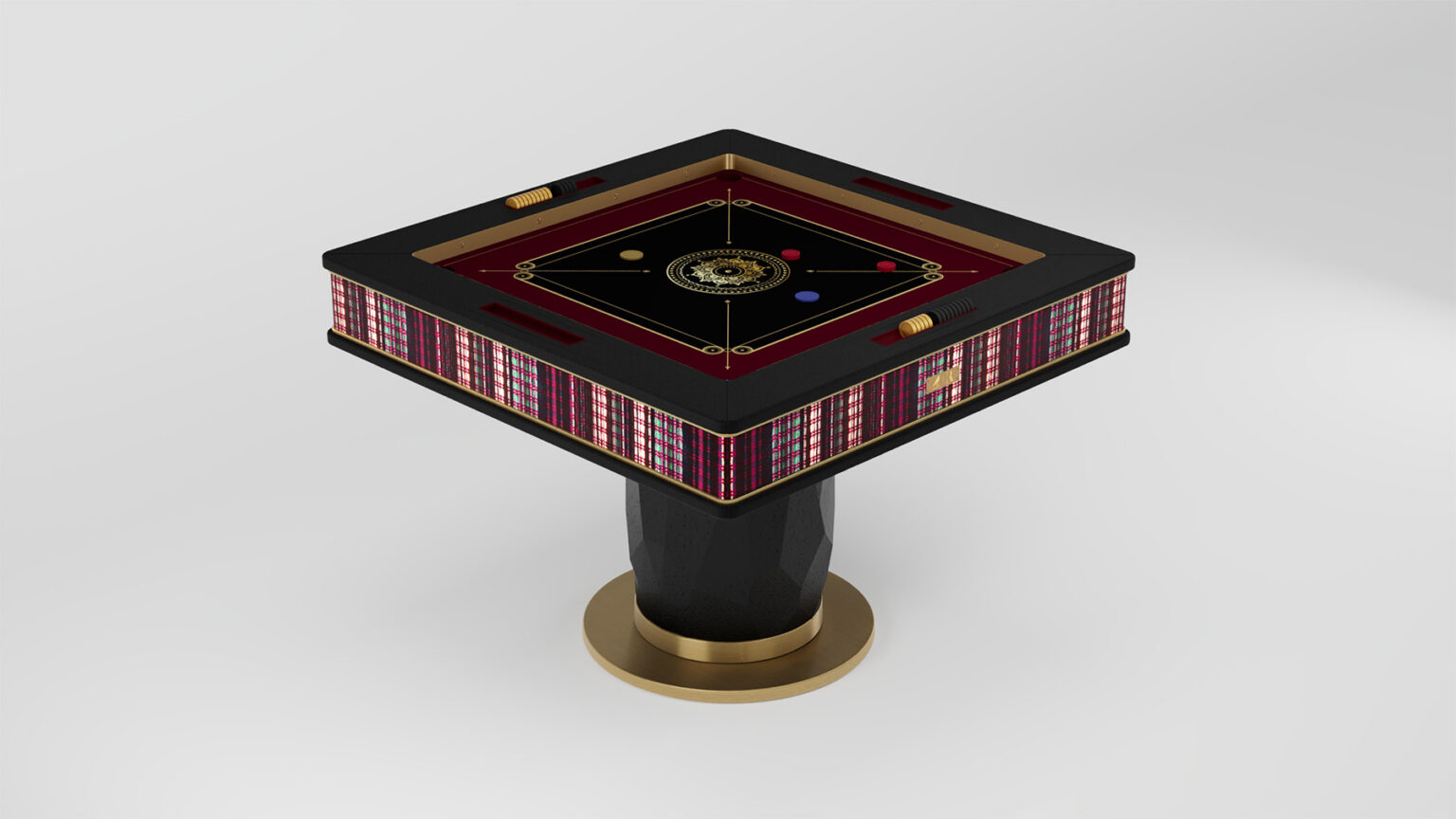 A square handcrafted carrom board with a luxurious design, featuring a gold and black pedestal base and ornate side patterns. This elegant addition to luxury game tables displays red, black, and white carrom pieces on its surface.
