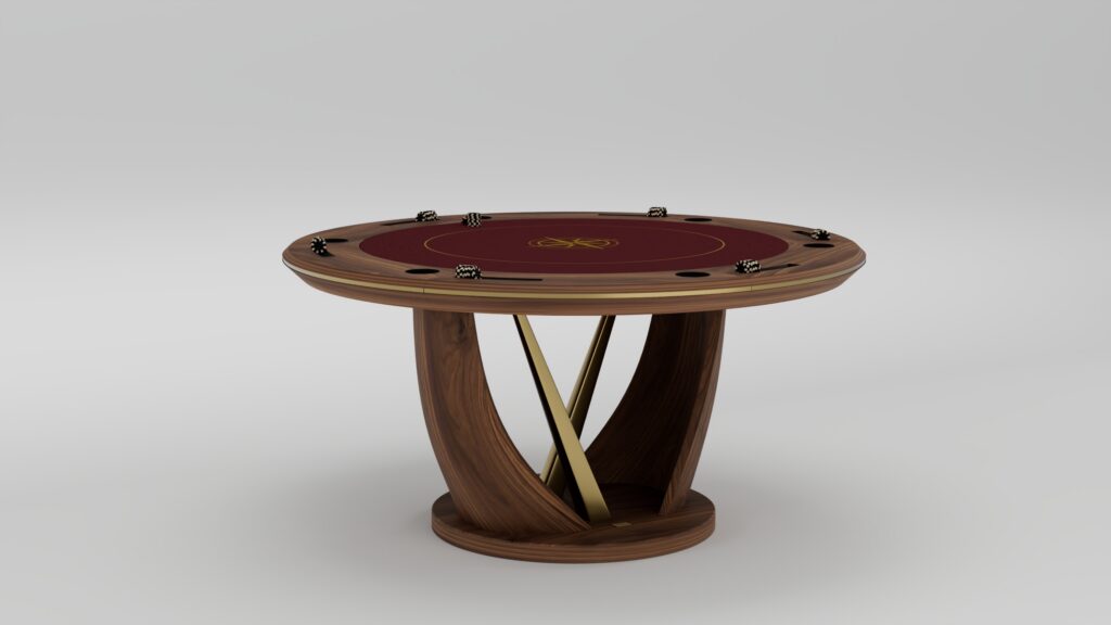 A luxury round wooden poker table with a red felt surface, cup holders, and ornate gold accents, supported by a handcrafted sculpted wood and gold metal base, set against a plain light gray background.