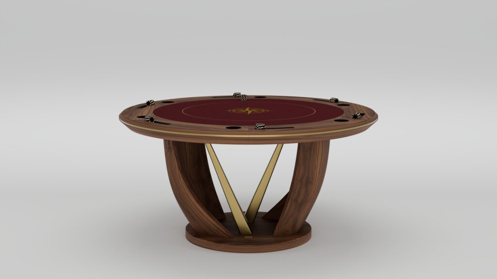 A round handcrafted gaming table with a maroon felt surface, gold accents, and a decorative emblem in the center. This luxury piece features a unique curved wood and gold base with openings for chips or cards around the edge.