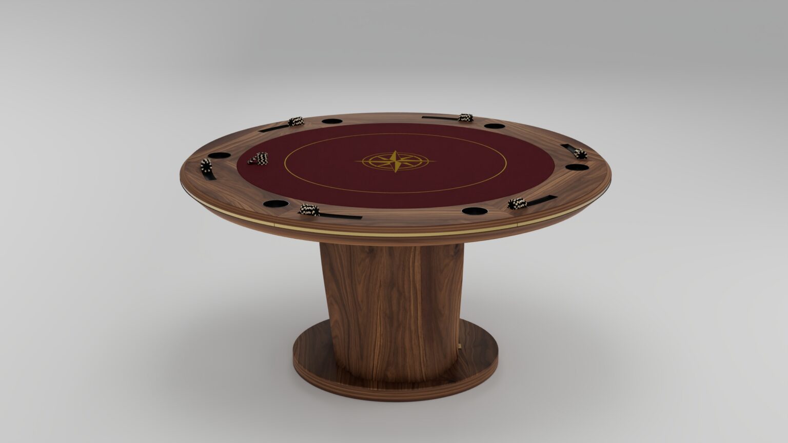 A handcrafted round wooden poker table with a maroon playing surface, gold compass design in the center, poker chips around the edge, and cup holders, supported by a single pedestal base—a true statement of luxury game tables.
