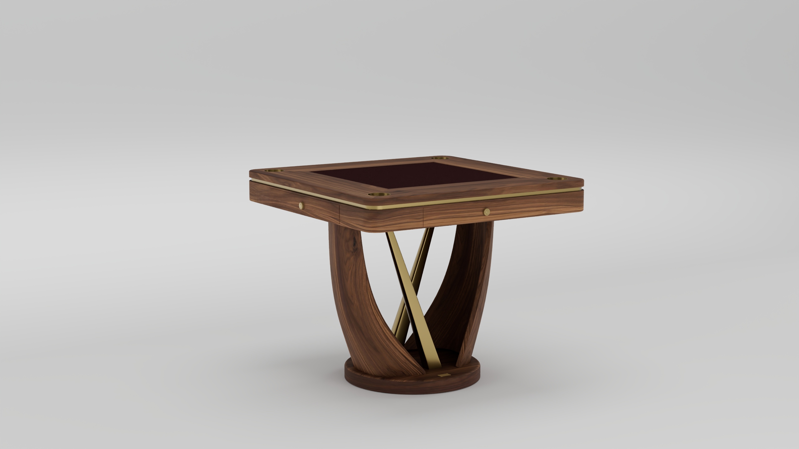 A modern square wooden table with a dark inset top, gold accents, and three curved handcrafted wooden legs connected by gold supports, standing on a round wooden base, exuding luxury against a plain light background.