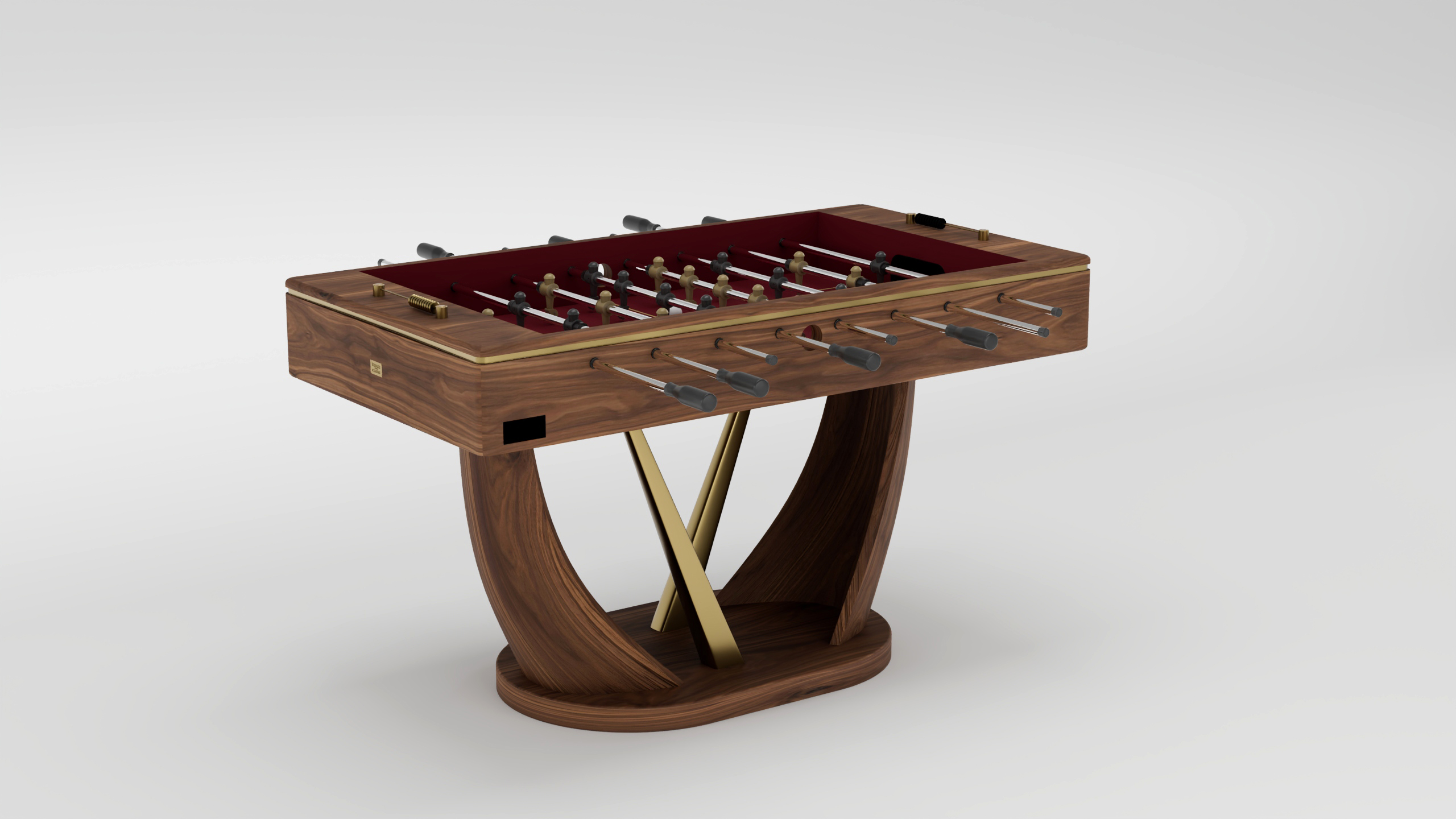 A luxury foosball table with a wooden frame, curved wooden legs, gold accents, and a maroon playing field, set against a plain white background—perfect for those who appreciate premium game tables.
