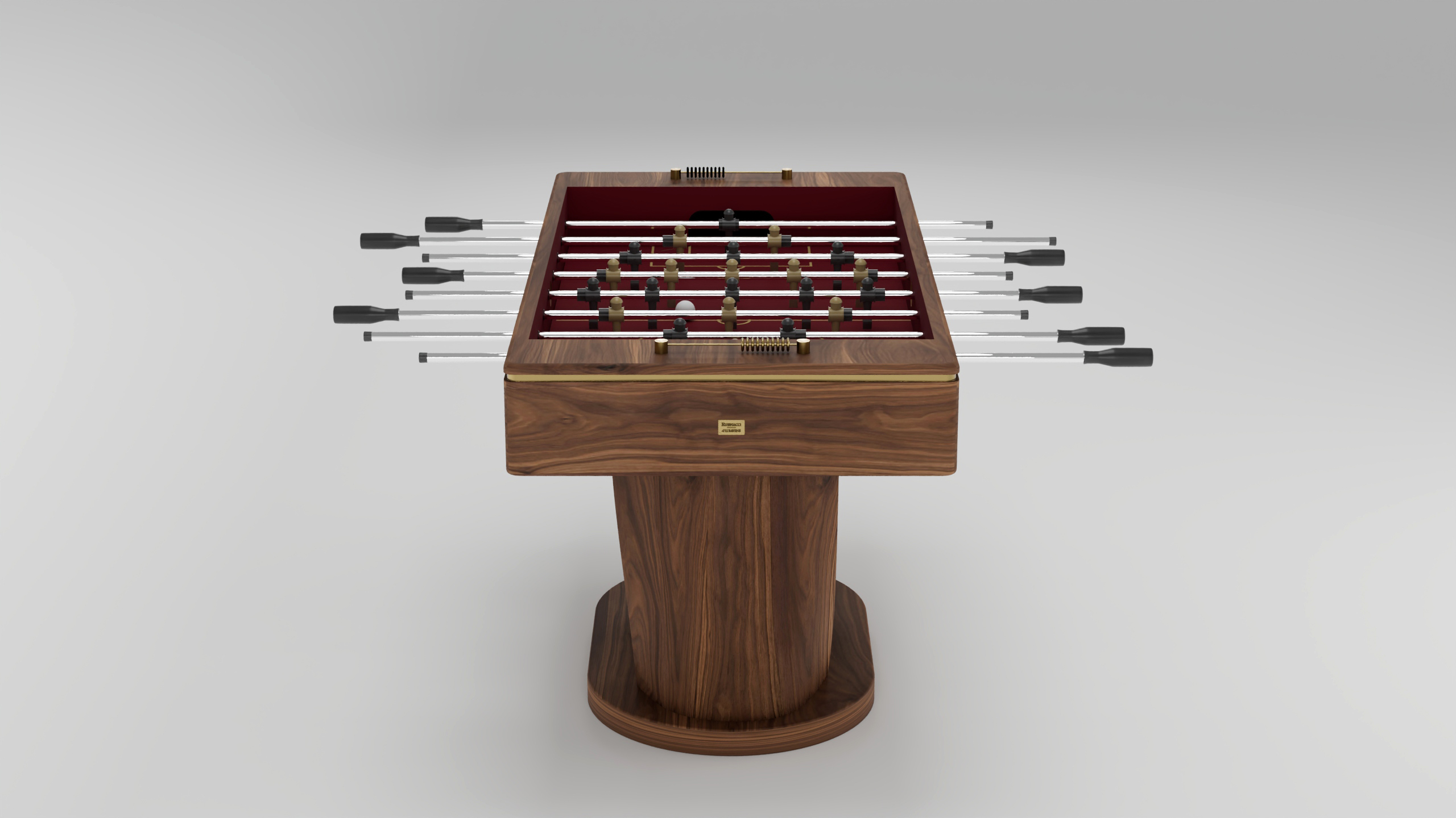 A modern luxury foosball table with a wooden finish, handcrafted details, metal rods, and black handles, standing on a single central pedestal base against a plain light background.