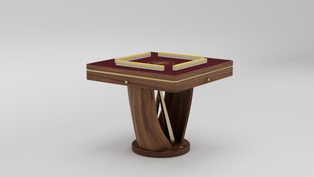 A modern, luxury square mahjong table with a maroon top, handcrafted wooden trim, and decorative yellow and white tiles along the edges. The base features intertwined wooden supports on a circular platform—a true standout among game tables.