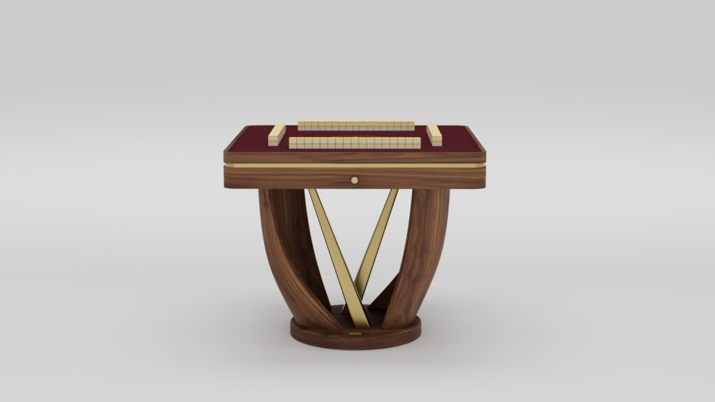 A modern handcrafted wooden table with a red surface, gold accents, and curved legs, featuring two neatly stacked rows of rectangular tiles on top—perfect for luxury game tables.