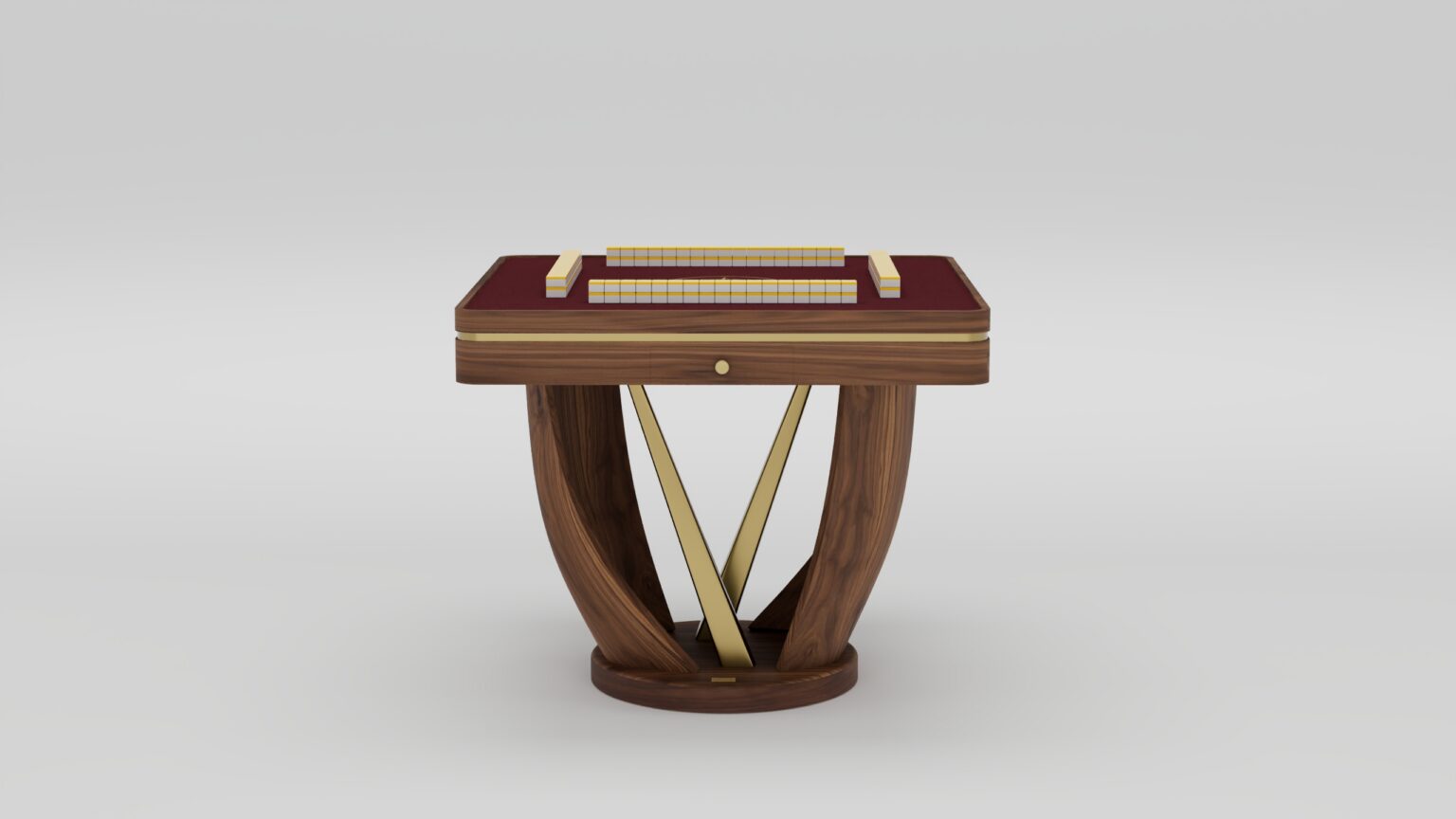 A modern handcrafted wooden table with a red surface, gold accents, and curved legs, featuring two neatly stacked rows of rectangular tiles on top—perfect for luxury game tables.