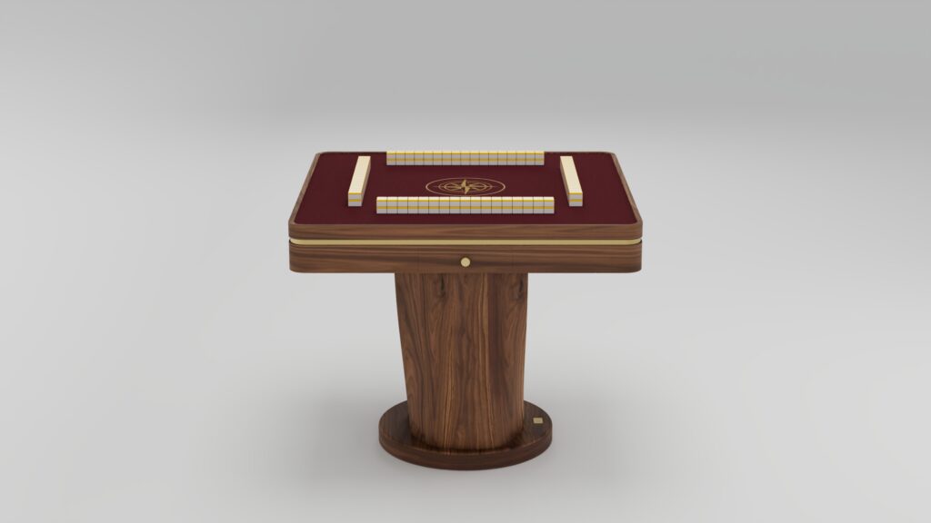 A luxury wooden mahjong table with a red felt surface stands on a single pedestal base. Handcrafted for elegance, mahjong tiles are neatly arranged in four rows on the tabletop. The background is plain and light gray.