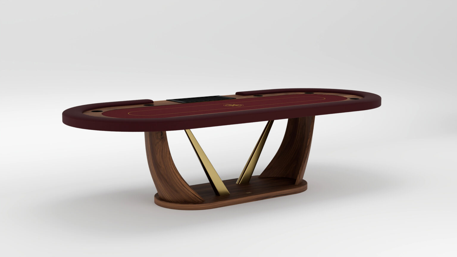 A luxury modern poker table with a burgundy felt surface, handcrafted wooden legs, and gold metal accents, set against a plain white background. This elegant game table features cup holders and a card placement area in the center.