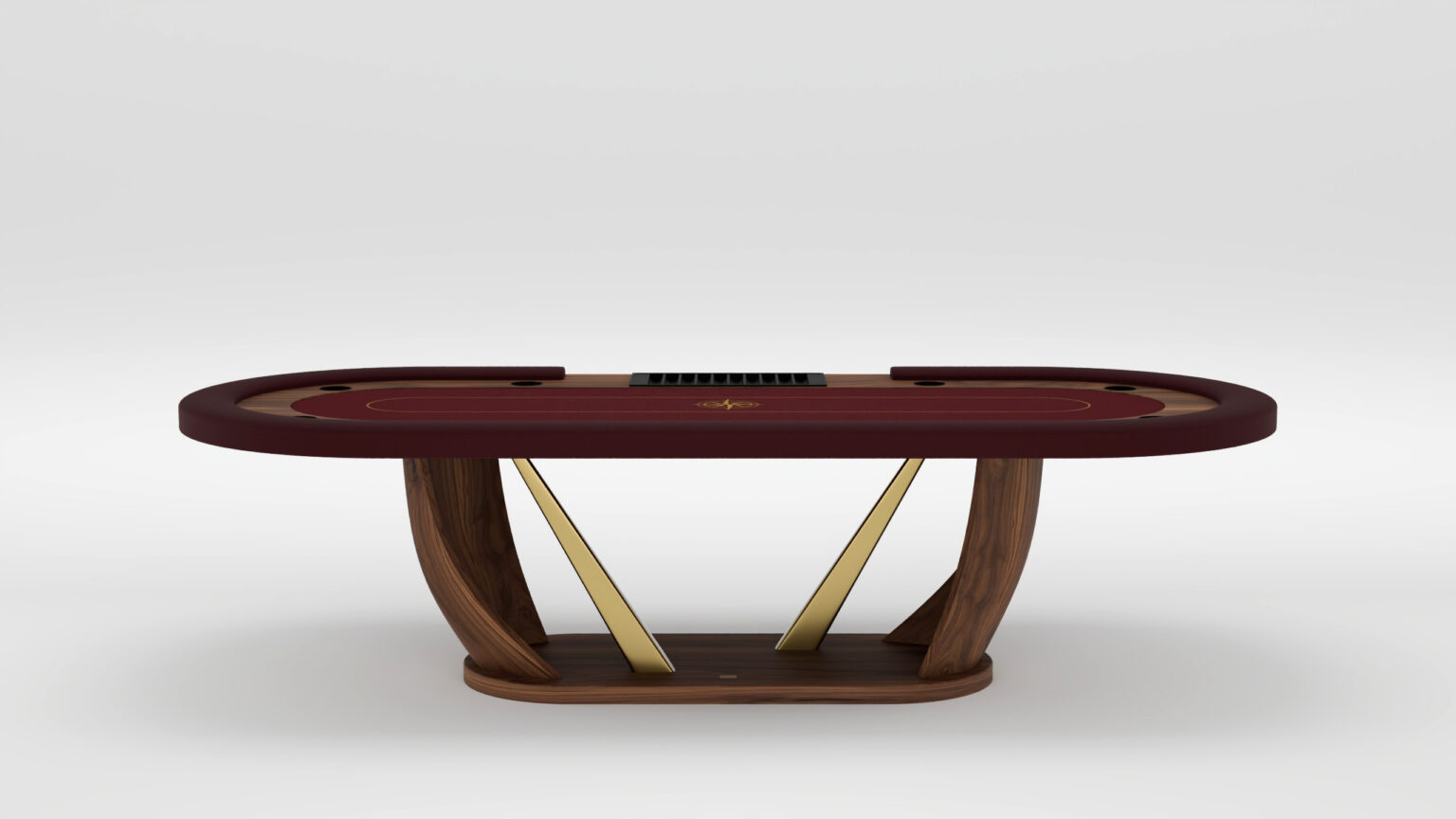 A modern luxury poker table with a maroon playing surface, gold accents, and a handcrafted wooden base featuring curved supports and two diagonal gold bars, set against a plain white background.