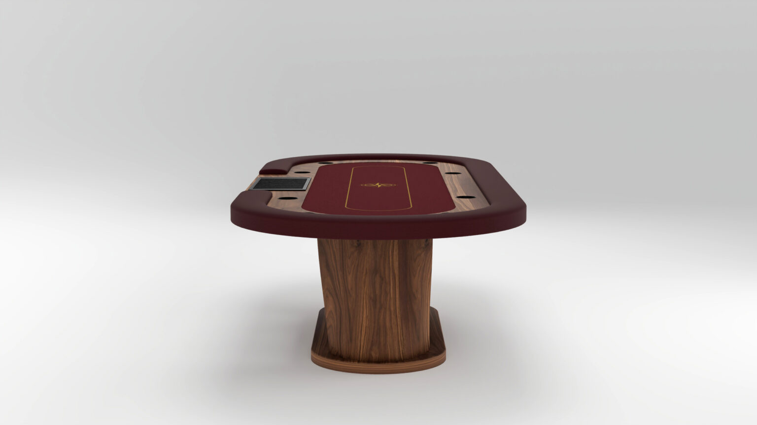 A modern luxury poker table with a red felt surface, cup holders, and a wooden base, handcrafted and set against a plain white background.