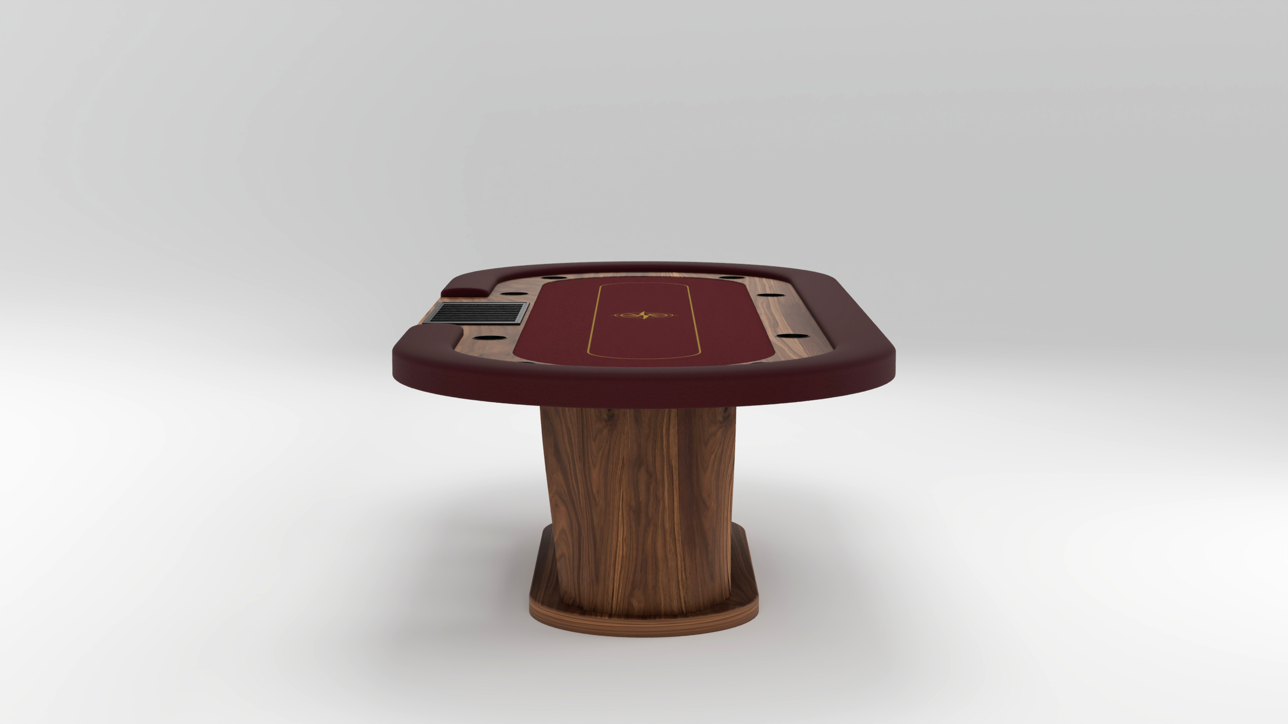 A modern luxury poker table with a red felt surface, cup holders, and a wooden base, handcrafted and set against a plain white background.