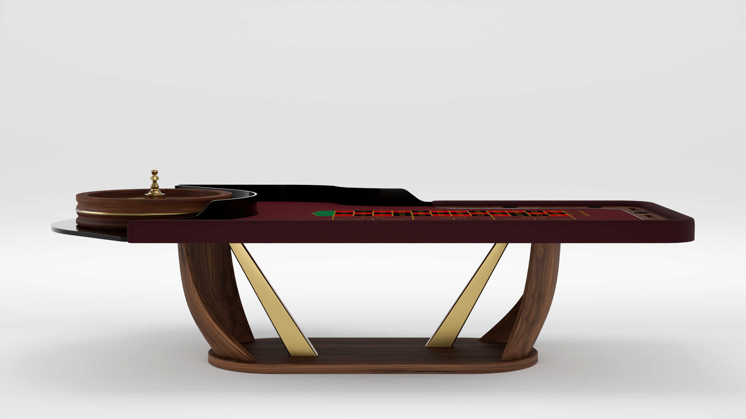 A modern luxury roulette table with a burgundy felt surface, a roulette wheel on the left, and a handcrafted wooden and gold base, set against a plain white background.
