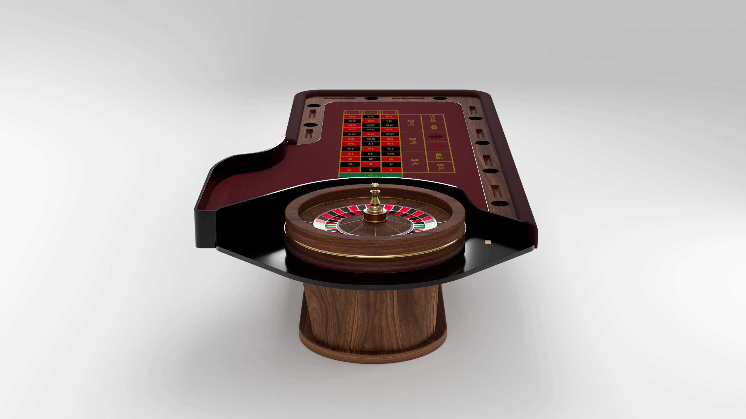A luxury roulette table with a handcrafted wooden wheel and a red betting area, set against a plain white background. The table features numbered slots and a smooth, polished design, perfect for upscale game tables collections.