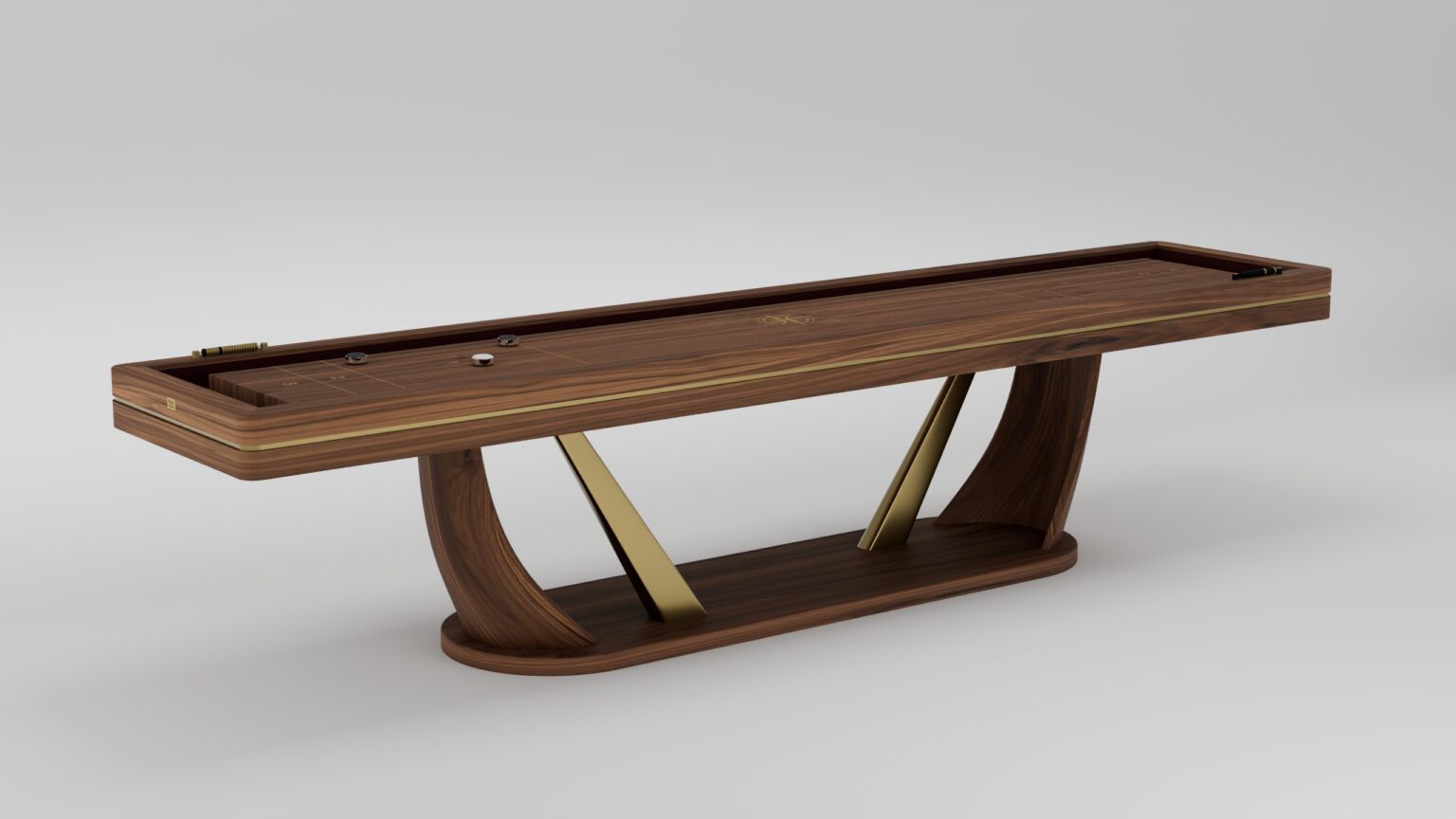 A luxury shuffleboard table, handcrafted from dark wood with gold metal supports, features a sleek design and smooth playing surface—an elegant addition to upscale game tables, set against a plain light background.