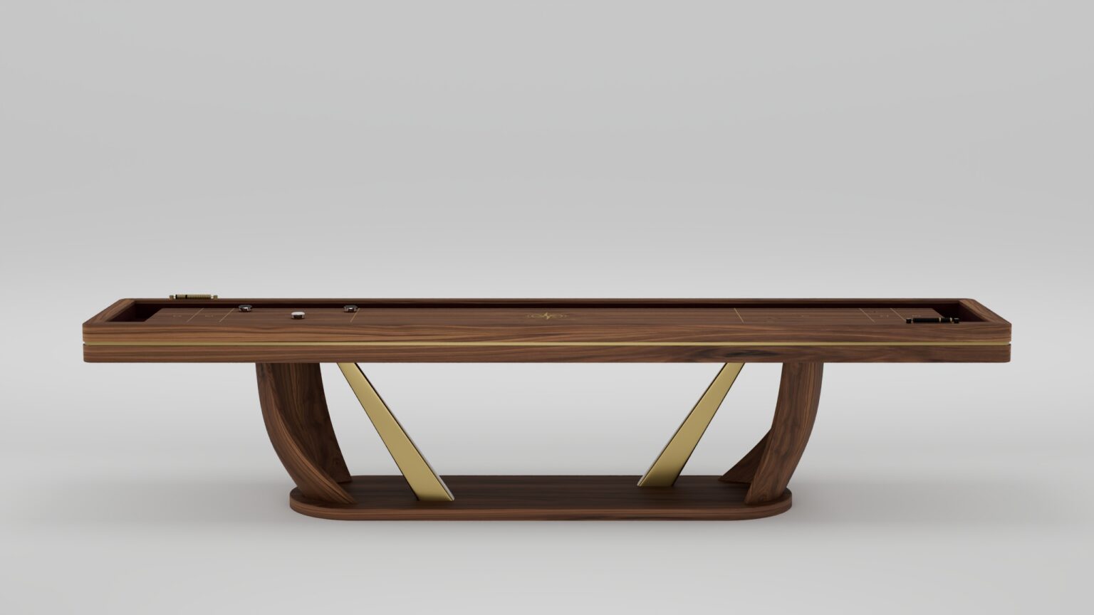 A modern handcrafted wooden shuffleboard table with gold metal accents, featuring a sleek design and curved base, brings a touch of luxury to game tables, set against a plain light gray background.