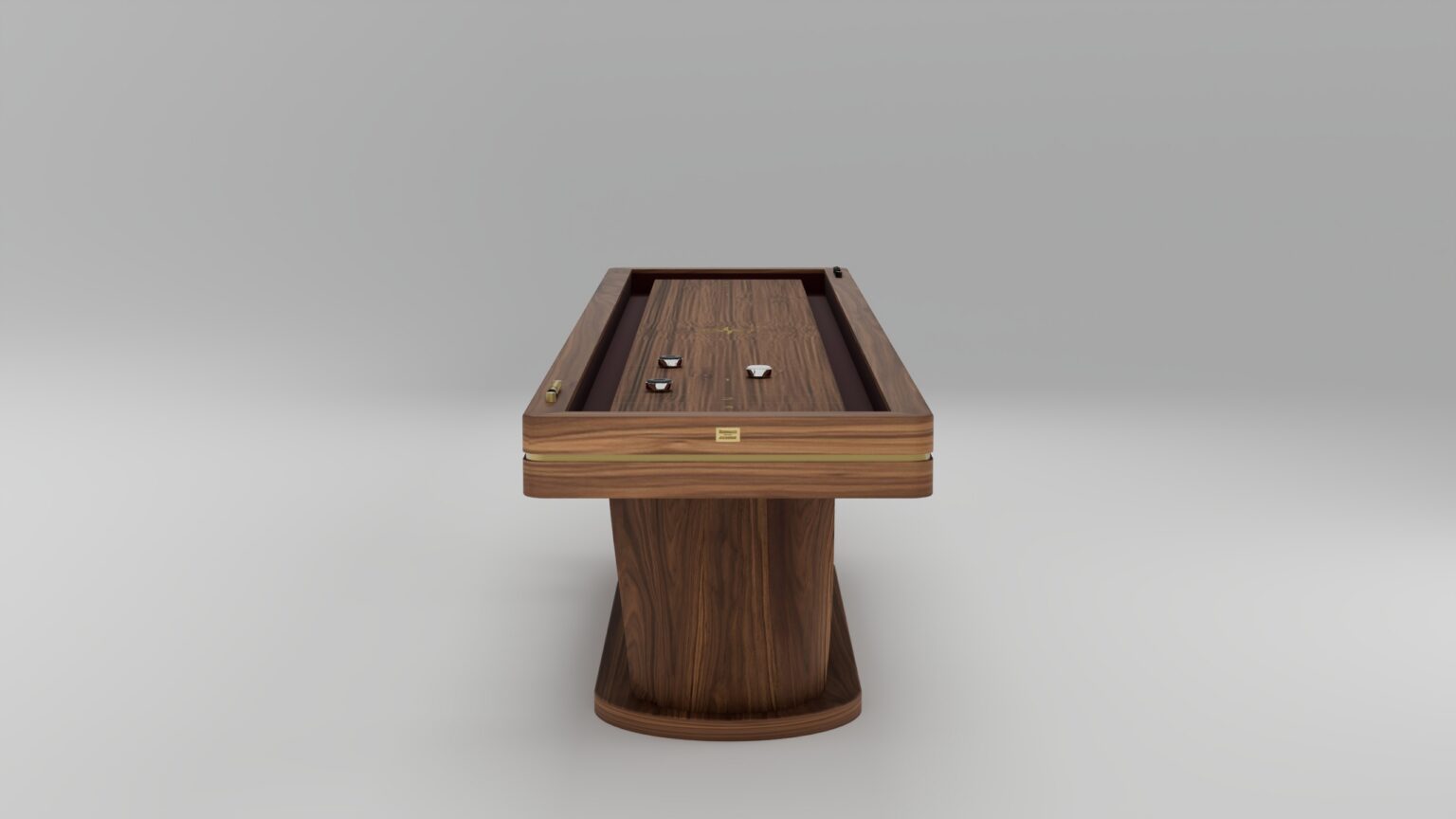 A luxury wooden shuffleboard table with a curved pedestal base, handcrafted details, metal pucks, and a smooth playing surface, set against a plain light gray background.