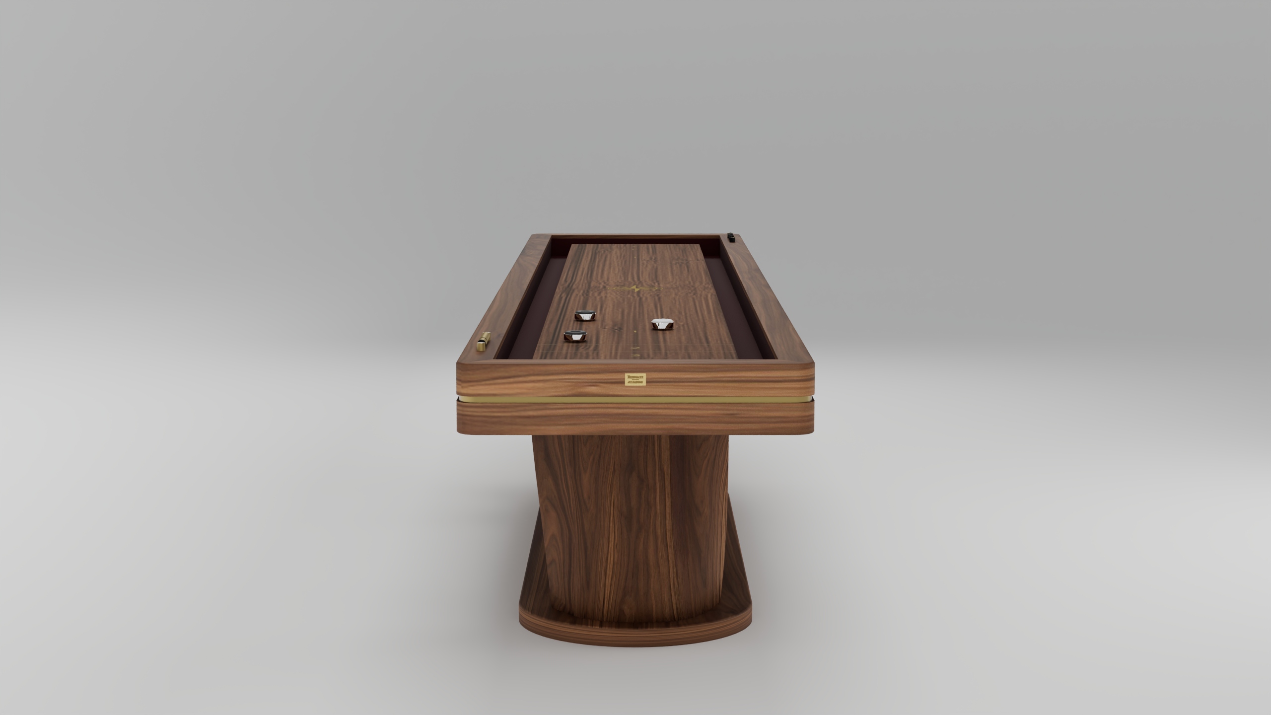 A luxury wooden shuffleboard table with a curved pedestal base, handcrafted details, metal pucks, and a smooth playing surface, set against a plain light gray background.