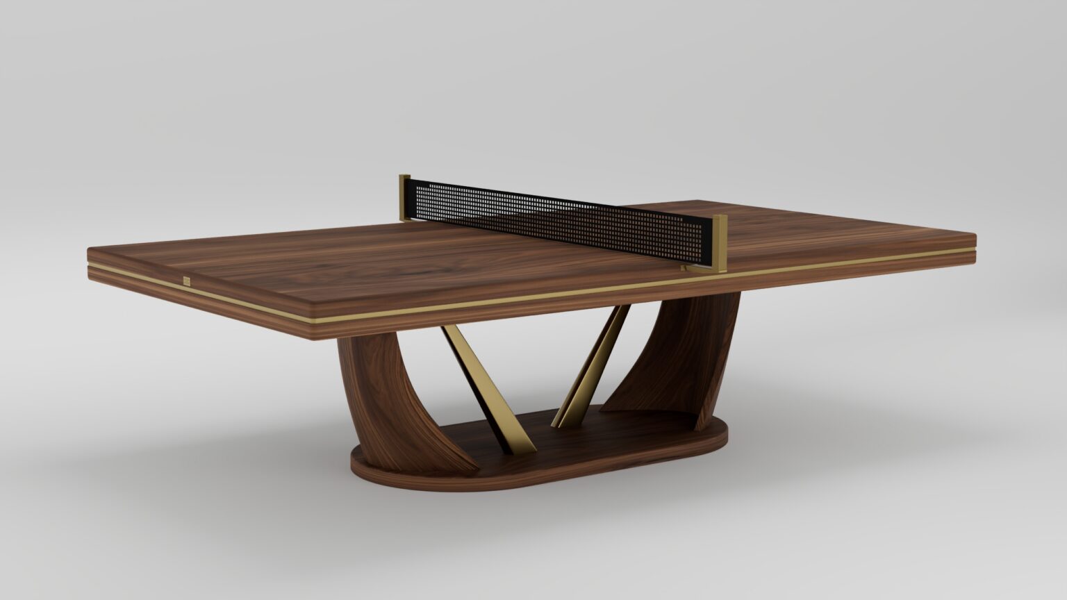 A modern, handcrafted wooden ping pong table with gold accents, a black net, and a unique curved base—this luxury game table stands out against a plain light gray background.