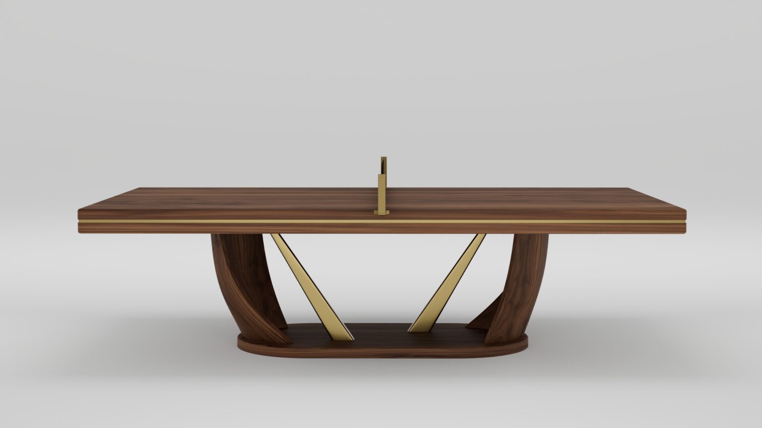 A modern rectangular wooden table with a central brass accent and geometric brass supports, featuring a unique sculptural base and clean, minimalist design—perfect for those seeking a handcrafted luxury statement piece against a plain background.