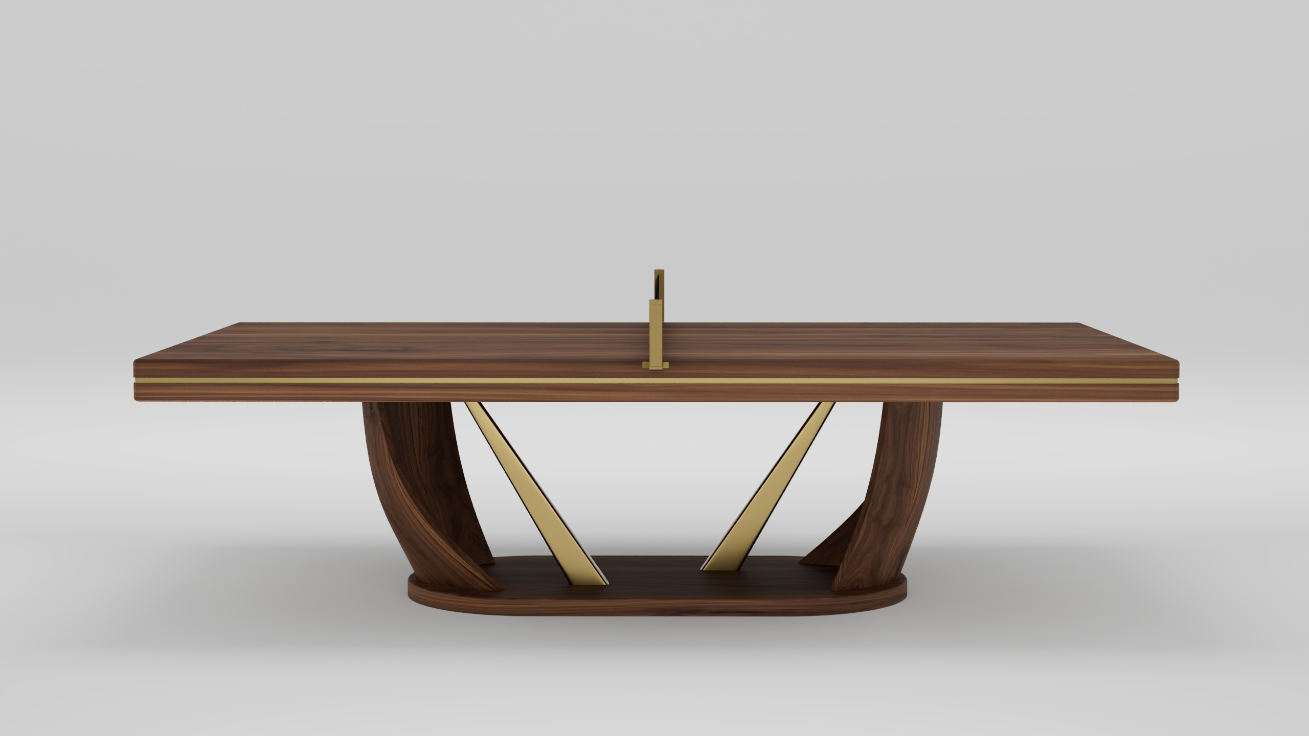 A modern rectangular wooden table with a central brass accent and geometric brass supports, featuring a unique sculptural base and clean, minimalist design—perfect for those seeking a handcrafted luxury statement piece against a plain background.
