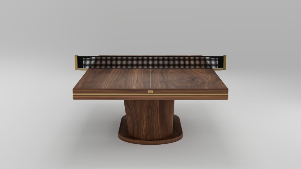 A handcrafted square wooden table with a pedestal base and a stylish, black perforated net across the middle, this piece resembles a luxury ping pong table against a plain gray background—a standout among game tables.