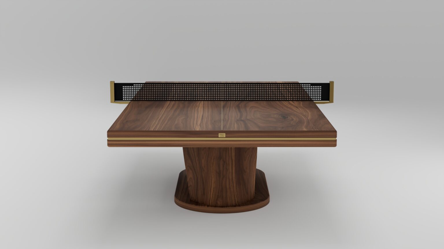 A handcrafted square wooden table with a pedestal base and a stylish, black perforated net across the middle, this piece resembles a luxury ping pong table against a plain gray background—a standout among game tables.