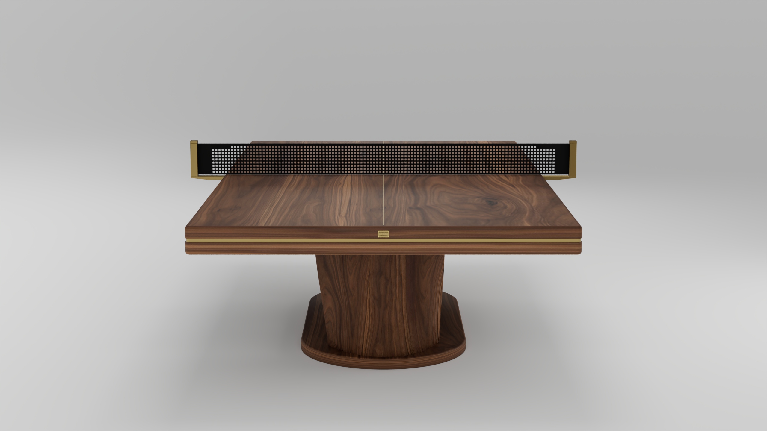 A handcrafted square wooden table with a pedestal base and a stylish, black perforated net across the middle, this piece resembles a luxury ping pong table against a plain gray background—a standout among game tables.