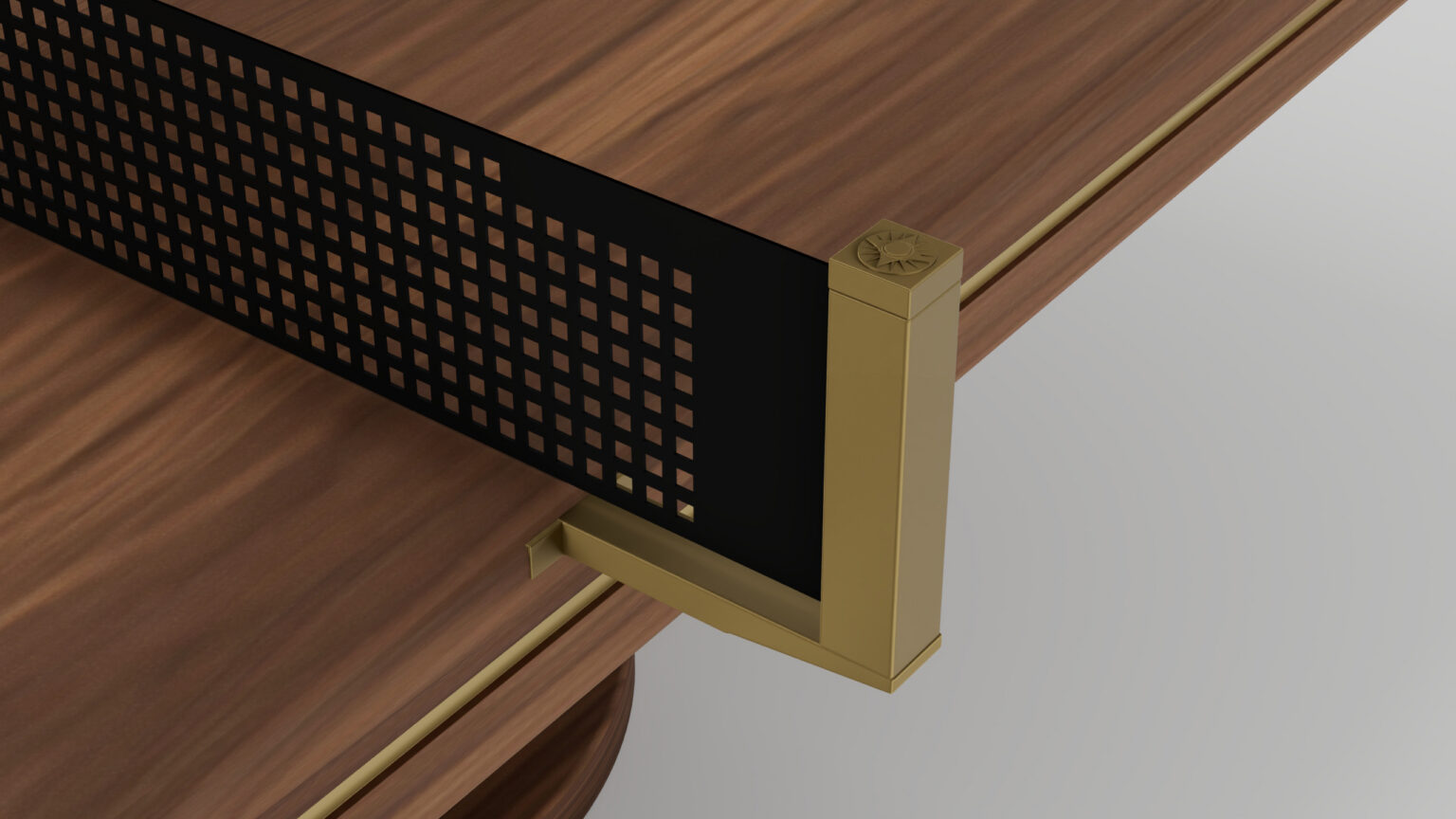 A close-up of a luxury table tennis net with a black grid and gold metal posts attached to a handcrafted wooden game table with a glossy finish.