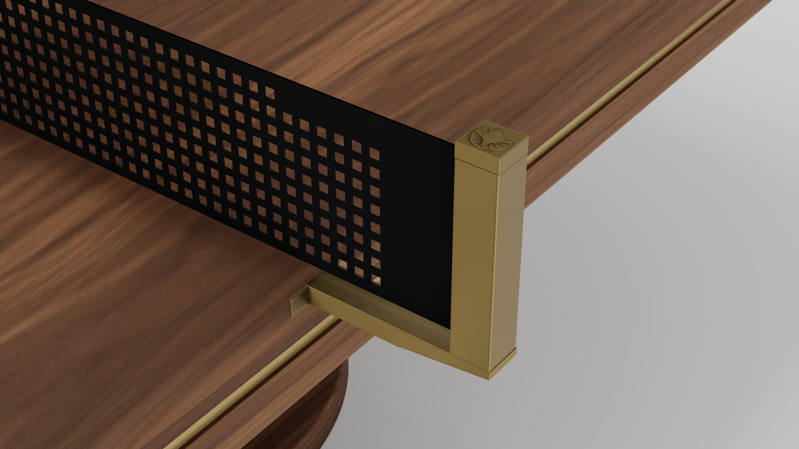 A close-up of a luxury table tennis net with a black grid and gold metal posts attached to a handcrafted wooden game table with a glossy finish.